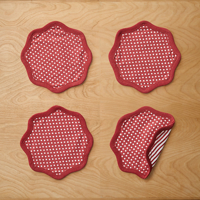 Stripe Dot Scallop Reversible Cocktail Napkins, Set of 4