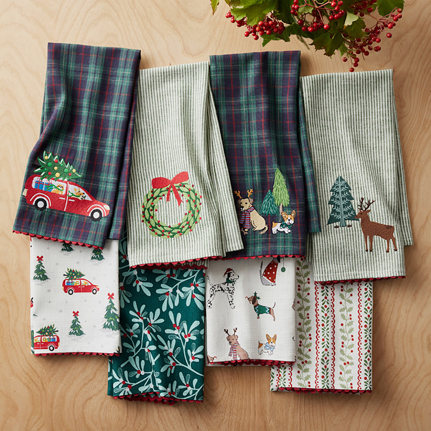 Embroidered Tea Towels, Set of 2,Holly Stripe