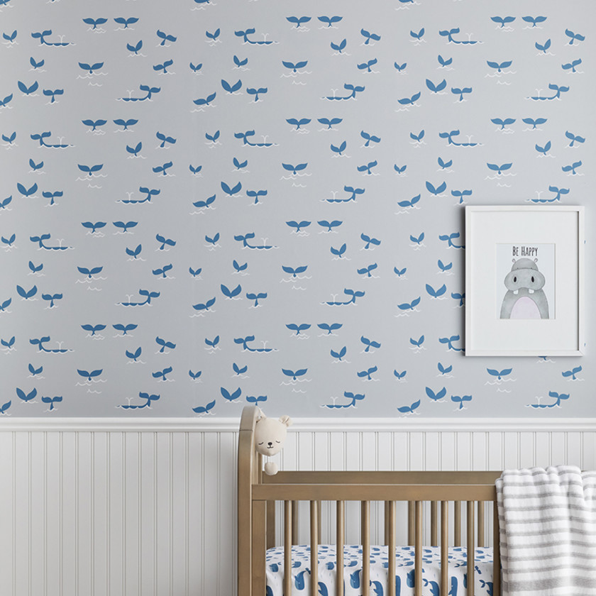 Whale Splash Wallpaper - Gray/Blue,Whale School Gray