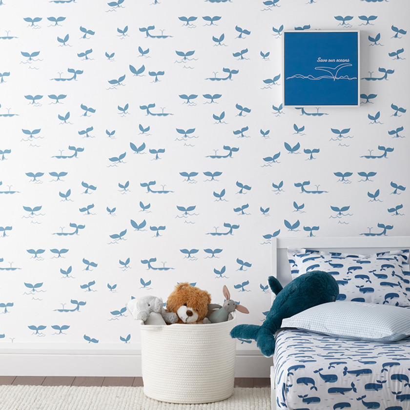 Whale Splash Wallpaper - White/Blue,Whale School White
