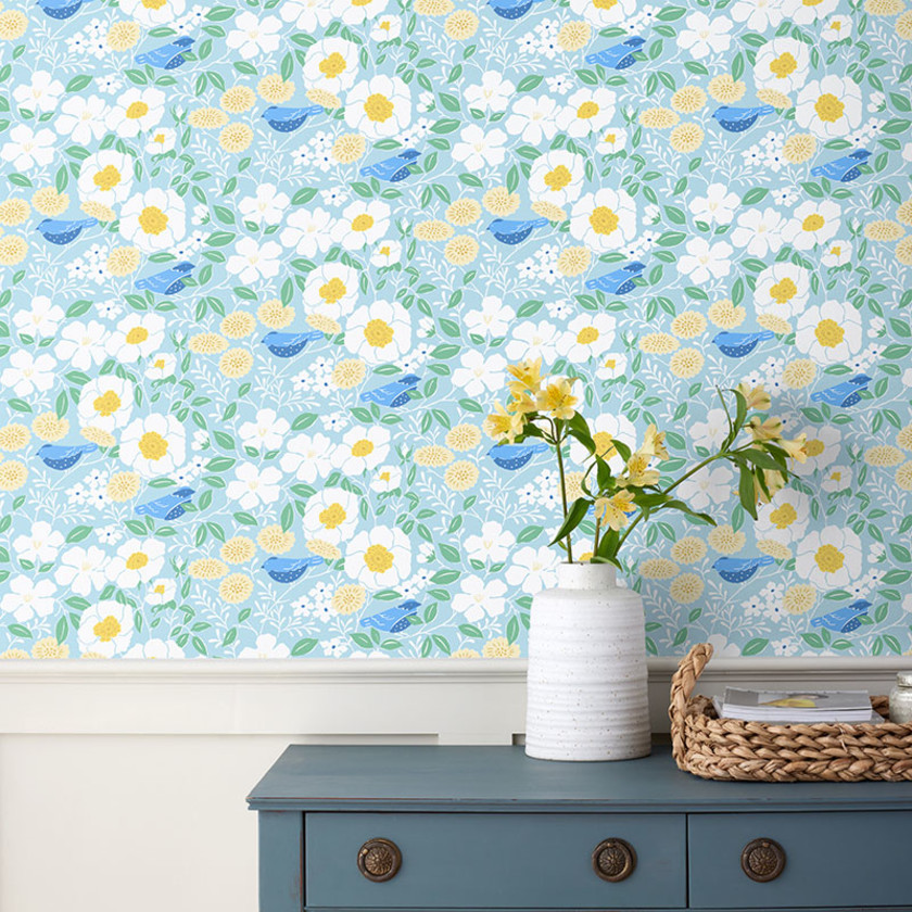 Blue Bird Wallpaper - Blue/Yellow,
