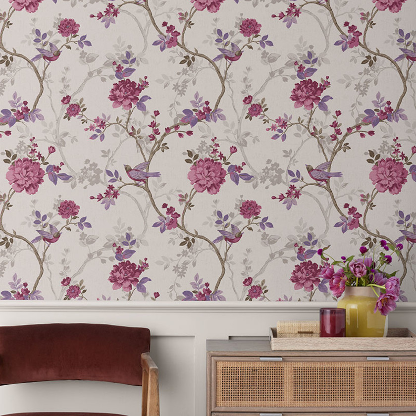 Traditional Bird Wallpaper - Purple,Purple