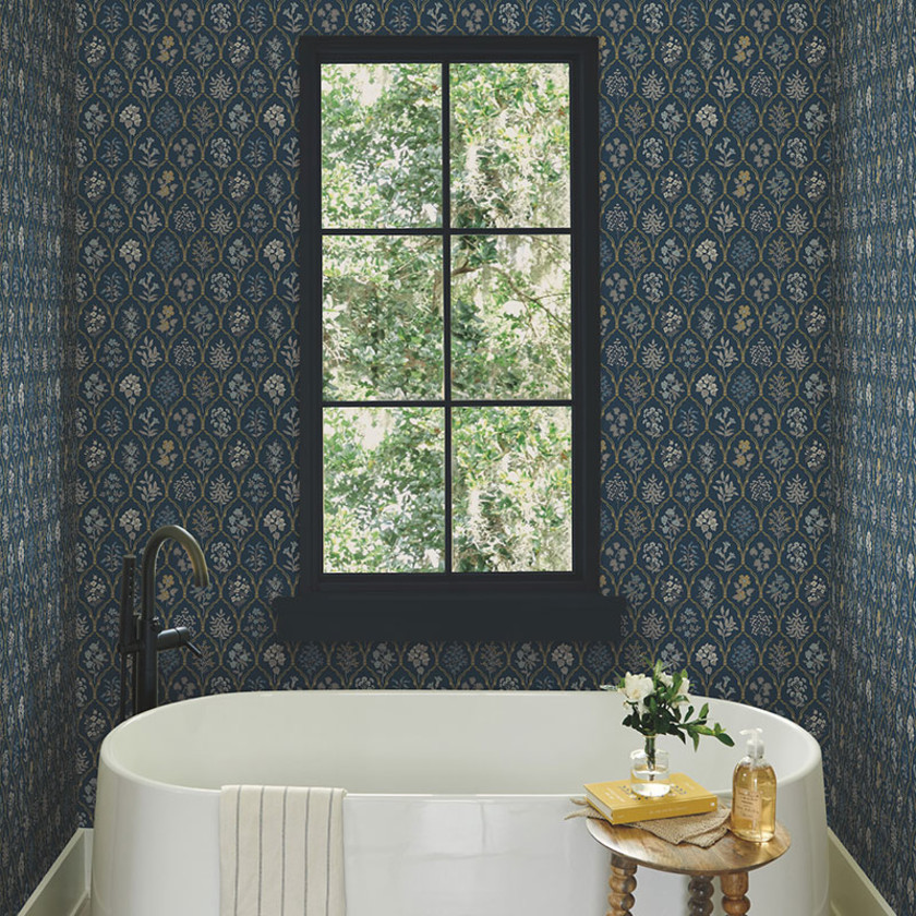 Hawthorne Traditional Wallpaper - Navy & Gold, Swatch,Navy & Gold