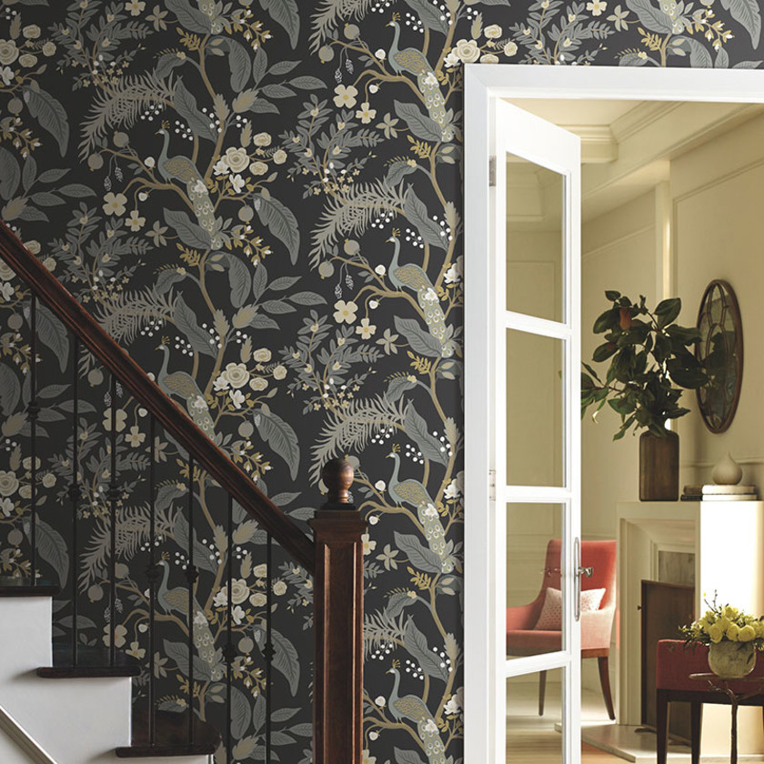 Peacock Traditional Wallpaper - Black, Swatch,Black