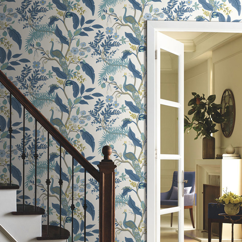 Peacock Traditional Wallpaper - Blue & White, Swatch,Blue & White