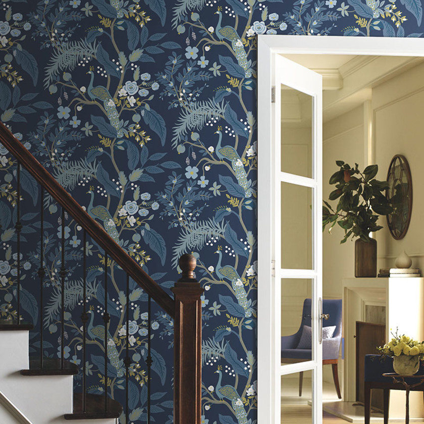 Peacock Traditional Wallpaper - Navy, Swatch,Navy