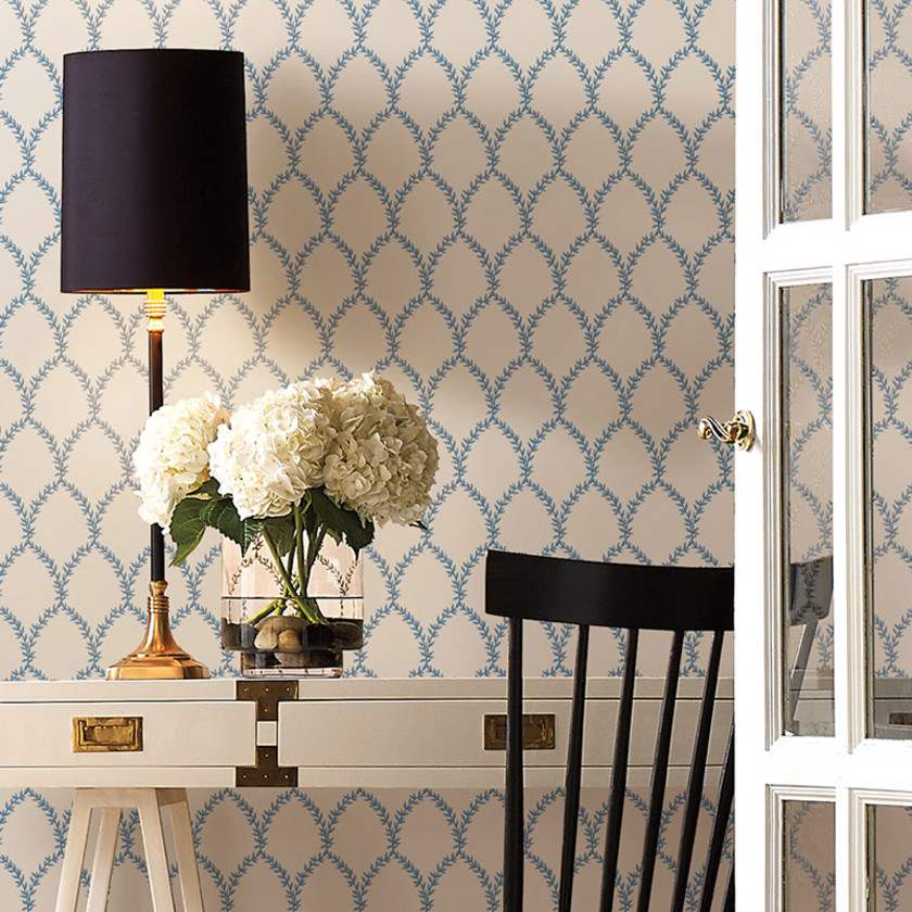 Laurel Traditional Wallpaper - Blue & White, Swatch,Blue & White