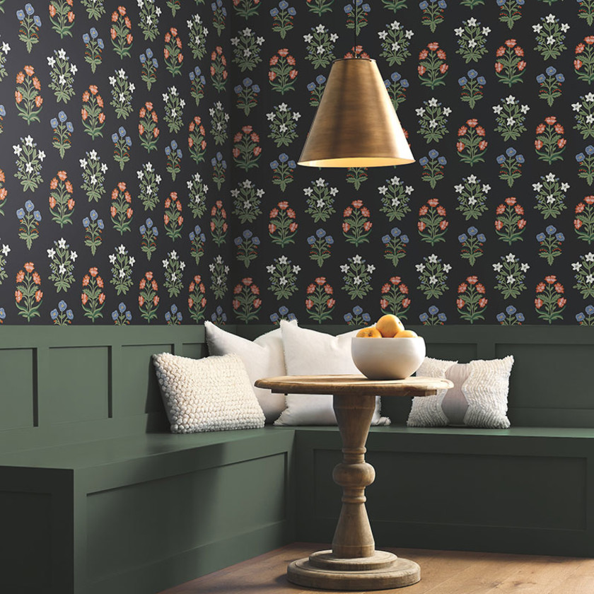 Mughal Rose Traditional Wallpaper - Black & Pink, Roll,Black & Pink