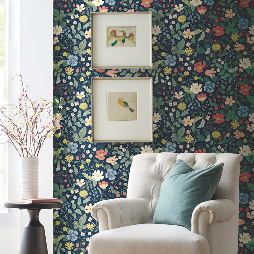 Strawberry Fields Traditional Wallpaper - Blue & Pink, Swatch,Blue & Pink