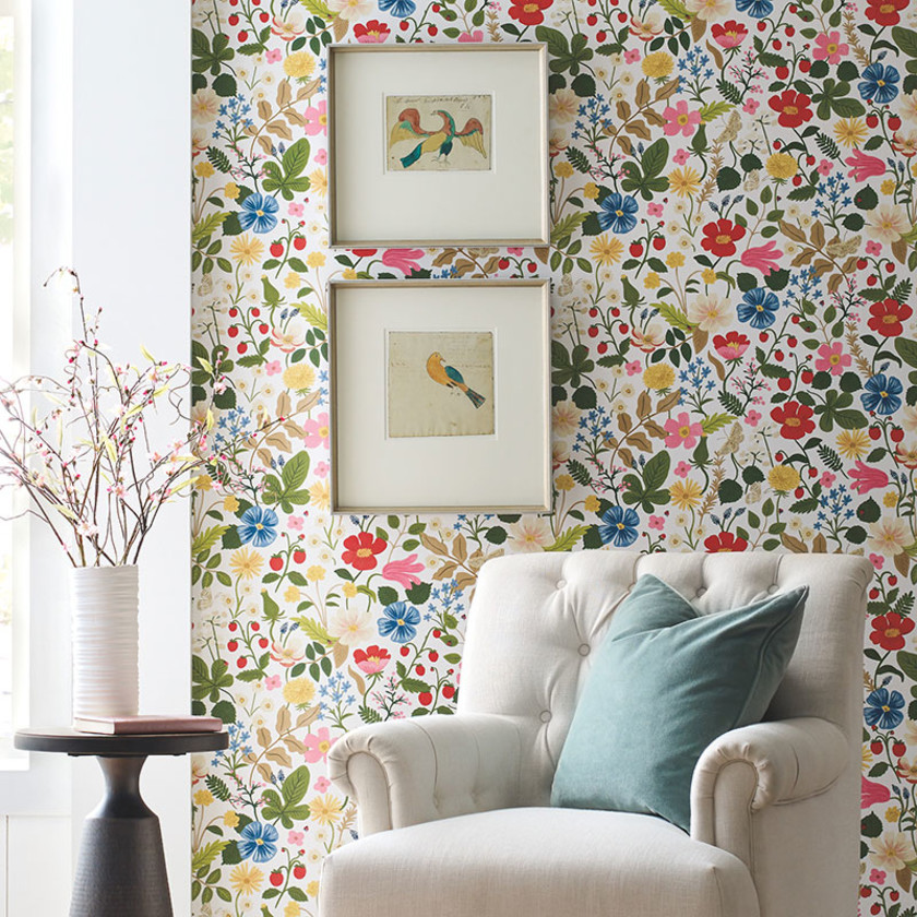 Strawberry Fields Traditional Wallpaper - White & Red, Swatch,White & Red