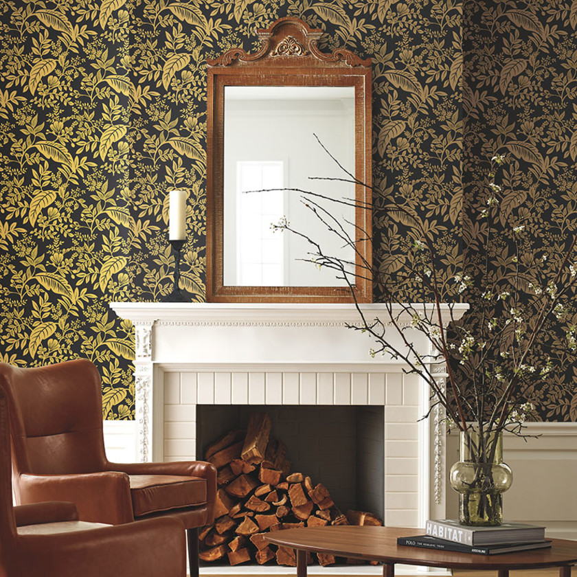 Canopy Traditional Wallpaper - Black & Gold, Swatch,Gold  & Black