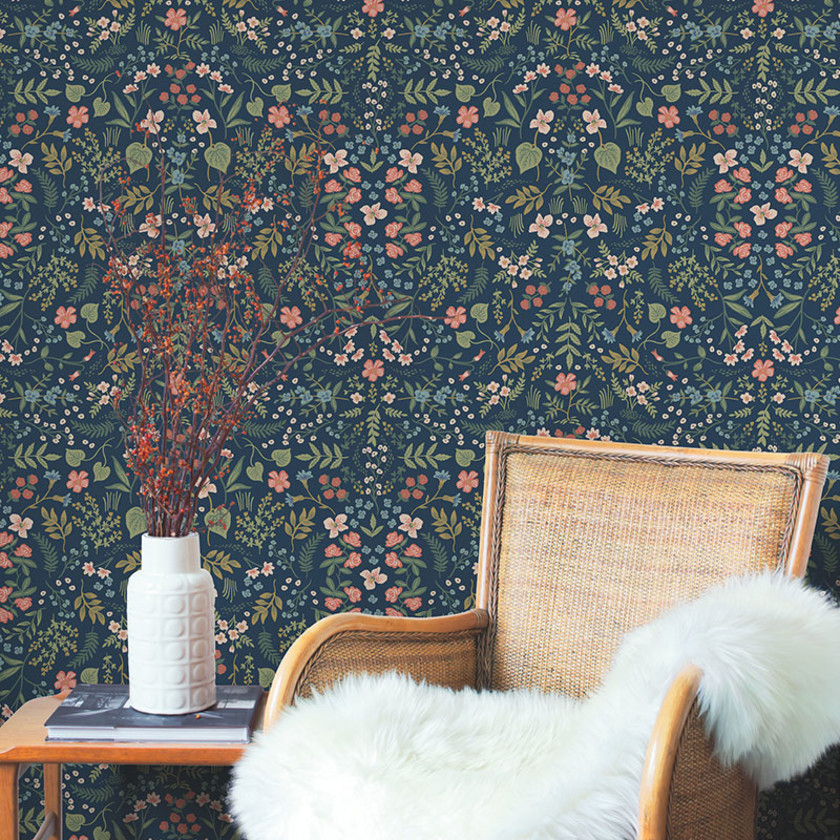 Wildwood Traditional Wallpaper - Navy, Swatch,Navy