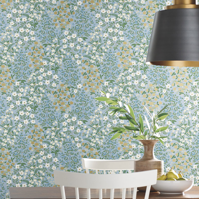 Wildwood Garden Traditional Wallpaper - Blue, Swatch,Blue