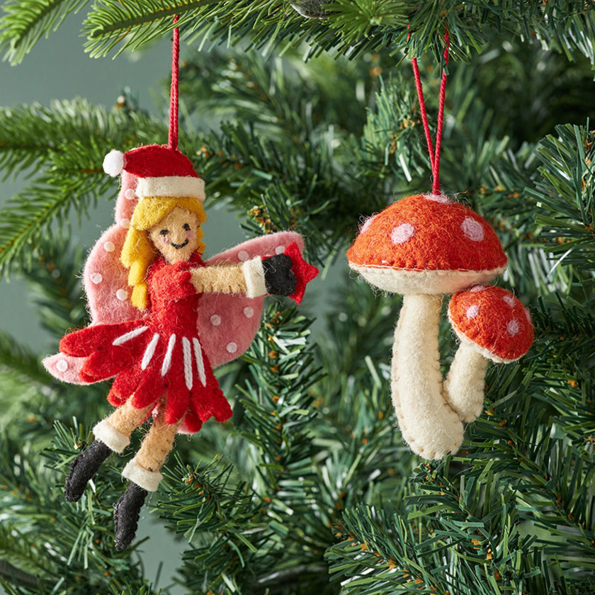 Holiday Felt Ornaments, Set of 2 - Fairy Mushroom,Fairy & Mushroom, Set of 2
