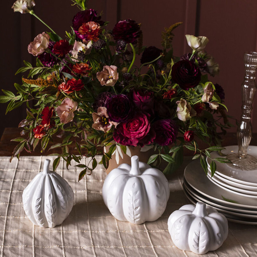 White Carved Ceramic Pumpkin - White, Small