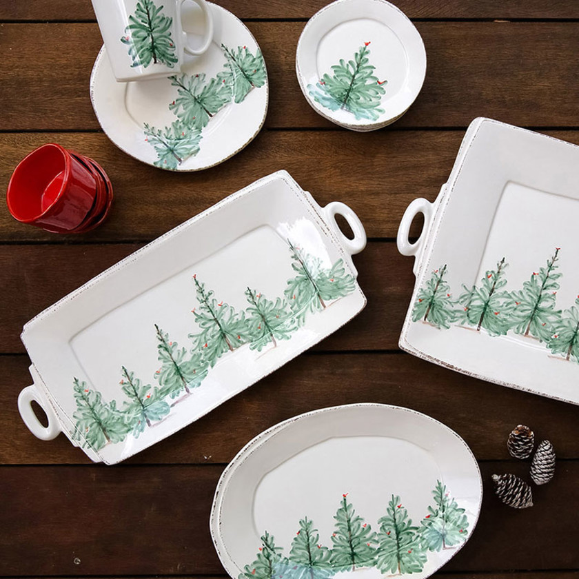 Lastra Holiday Stoneware Handled Rectangular Platter,White/Green