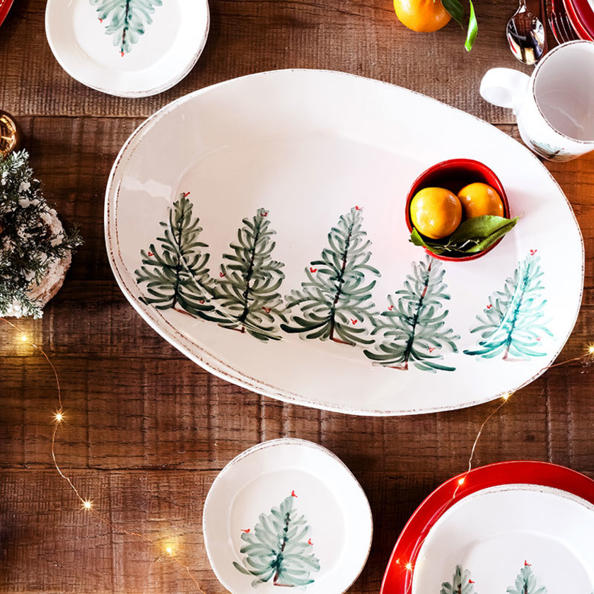 Lastra Holiday Stoneware Small Oval Platter,White/Green