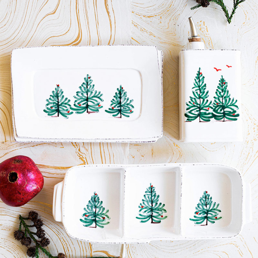Lastra Holiday Stoneware Small Rectangular Tray,White/Green