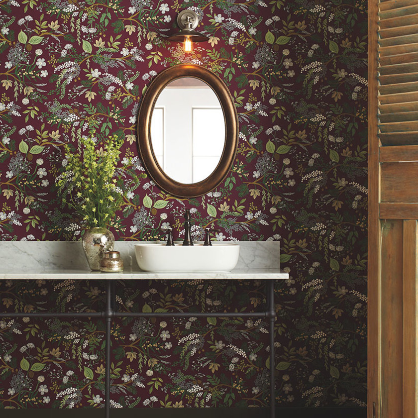 Juniper Forest Traditional Wallpaper - Burgundy,Burgundy