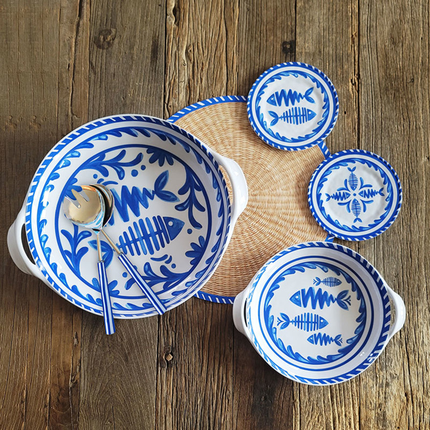 Mediterraneo Melamine Two Handled Serving Bowl - 11.5",Blue