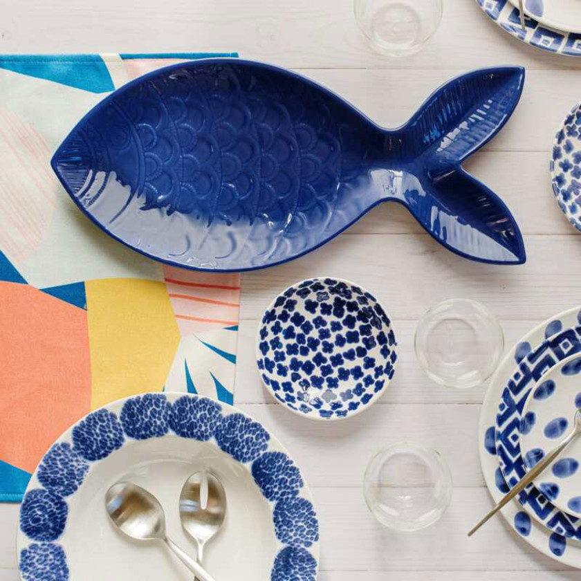 Santorini Large Figural Fish Platter - Blue,Blue