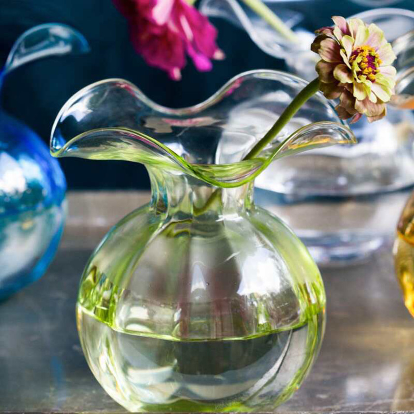 Hibiscus Glass Bud & Fluted Vases -  Green, Small,Green