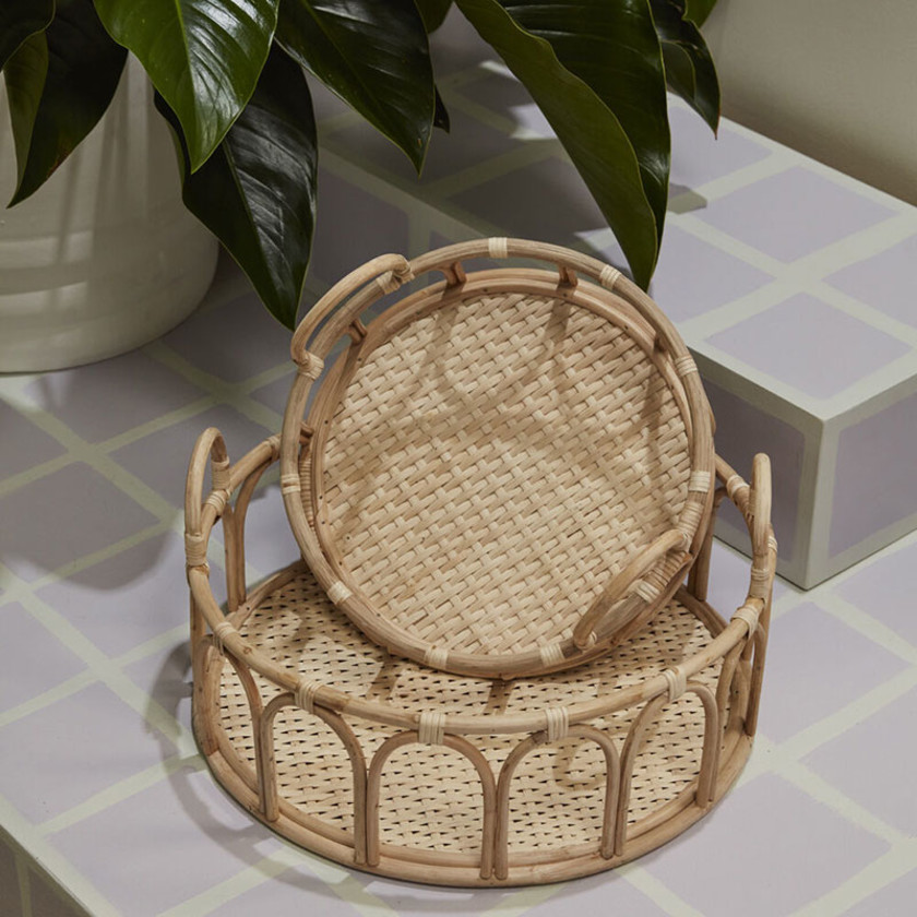 Woven Rattan Round Trays, Set of 2 - Brown,Brown
