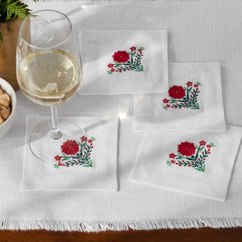 Embroidered Novelty Cocktail Napkins, Set of 4 - Poinsettia,Poinsettia