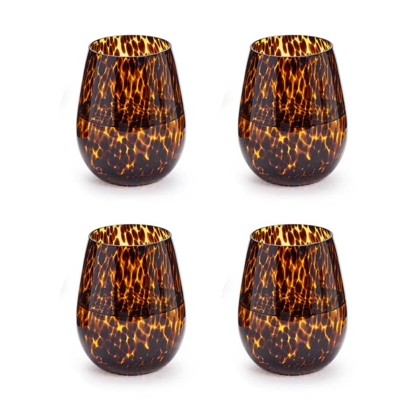 Tortoise Print Stemless Wine Glasses, Set of 4,Brown