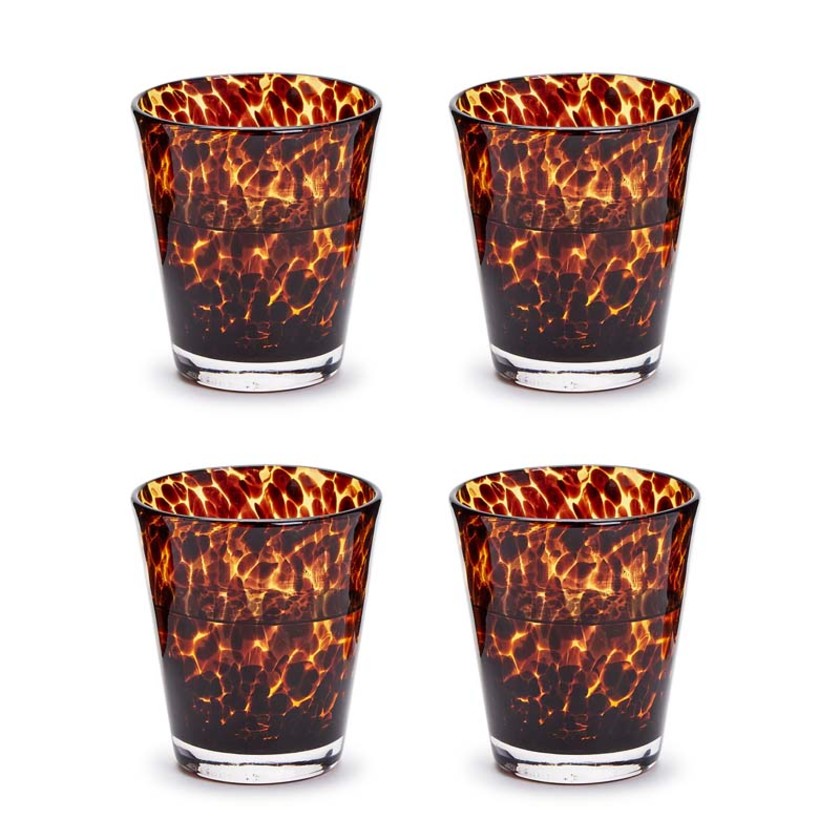 Tortoise Print Double Old Fashion Glasses, Set of 4,Brown