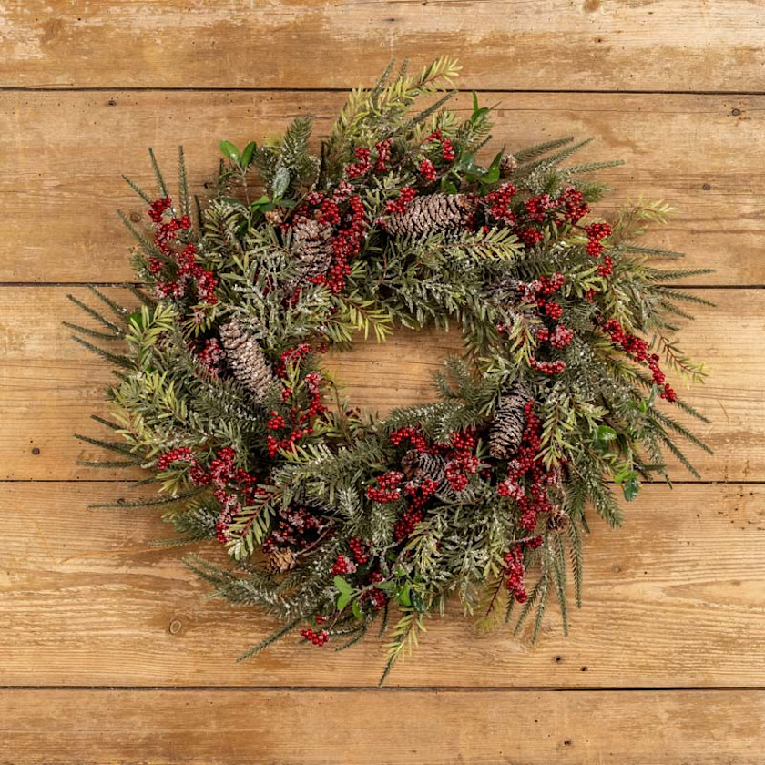 Frosted Mixed Foliage & Red Berries Wreath