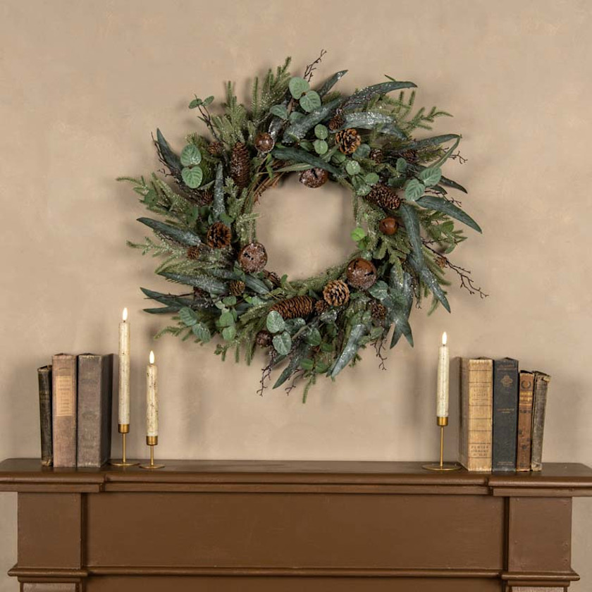 Iced Forest Foliage and Bells Wreath - Green,Green