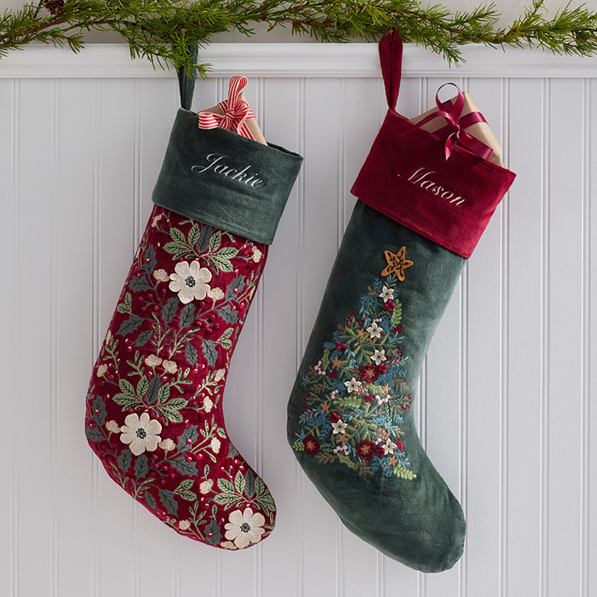 Velvet Embroidered Stocking,Red Multi