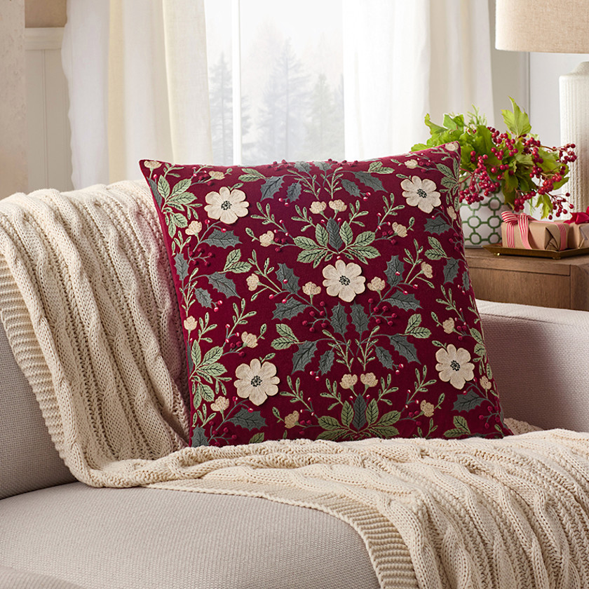 Velvet Embroidered Decorative Square Pillow Cover,Red Multi