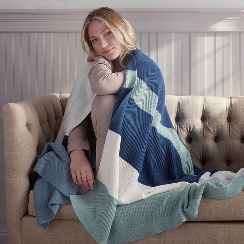 Classic All Season Breathable Cotton Knit Throw - Blue Stripe,Blue Stripe