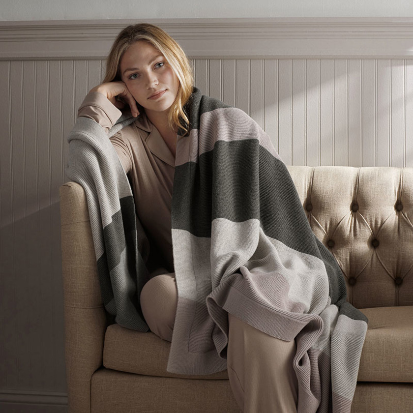 Classic All Season Breathable Cotton Knit Throw - Gray Stripe