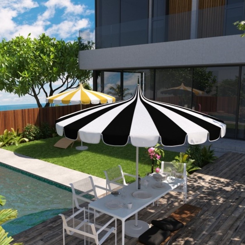 Round Two-Tone Pagoda Outdoor Patio Umbrella, Fiberglass with Push Lift - Black, 8.5',Black