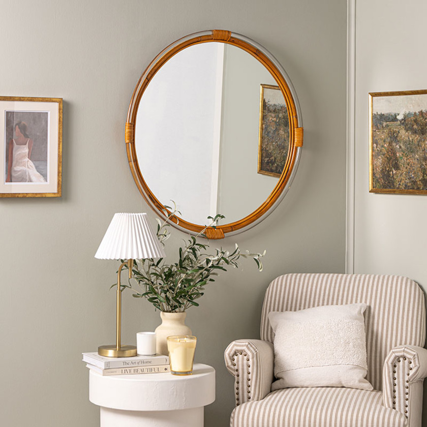 Two-Tone Round Bamboo Textured Frame Wall Mirror - Natural,Natural
