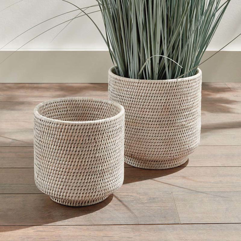 Handwoven Rattan Cachepots, Set of 2,White