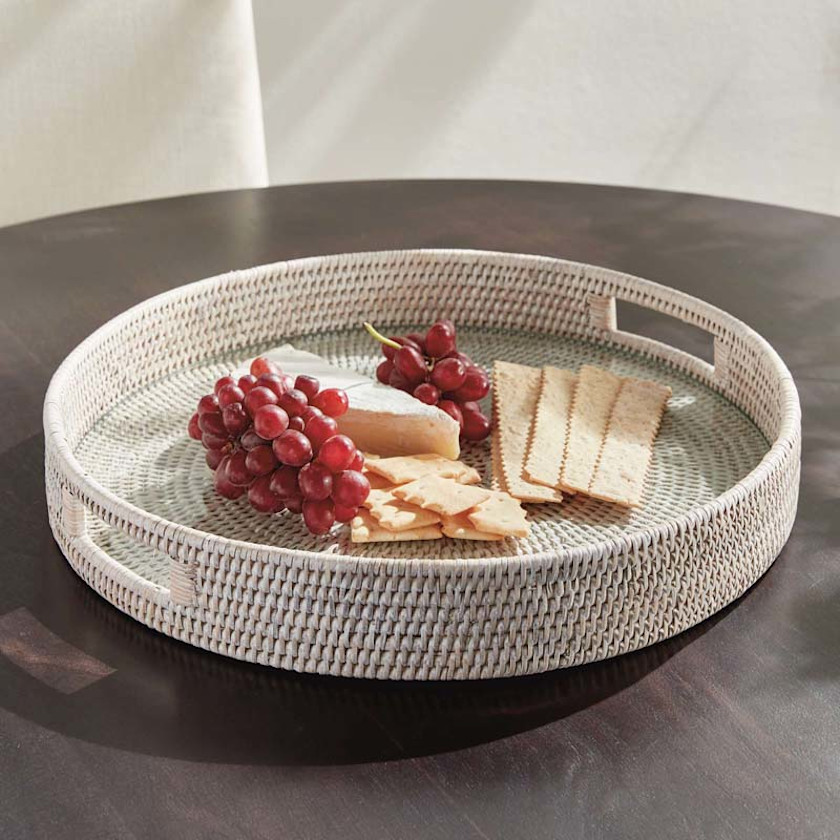 Handwoven Rattan Round Decor Tray - White, Small,White