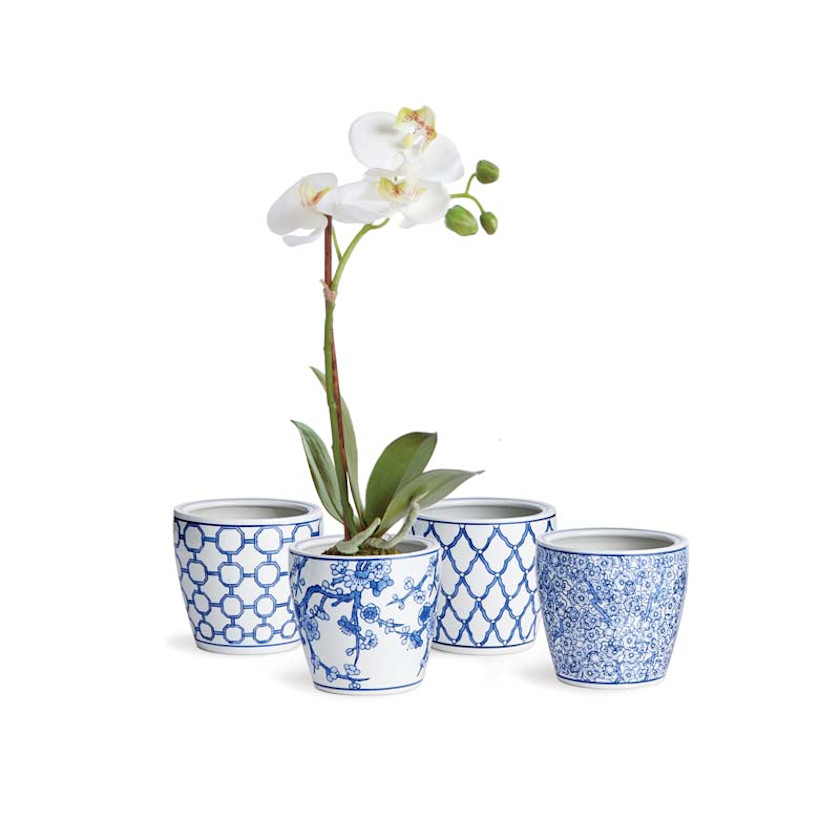 Handpainted Chinoiserie Mini Cachepots, Set of 4,Blue