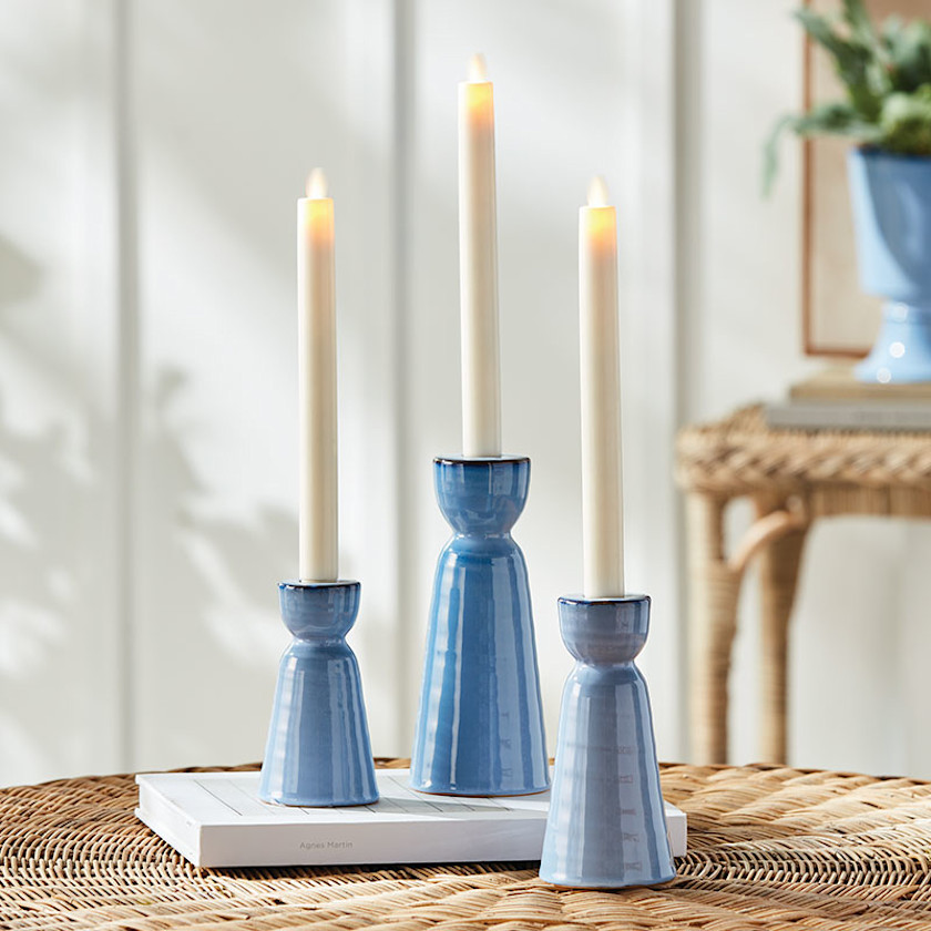 Polished Stoneware Taper Candlestick Holder, Set of 3,Blue