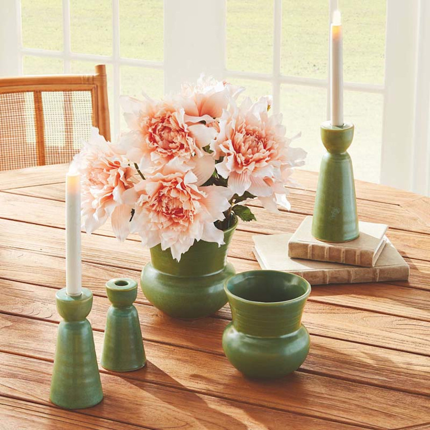 Polished Stoneware Taper Candlestick Holder, Set of 3,Green