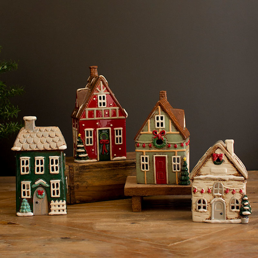 Ceramic Traditional Village Tealight Candle Holders, Set of 4 - Multi,Multi