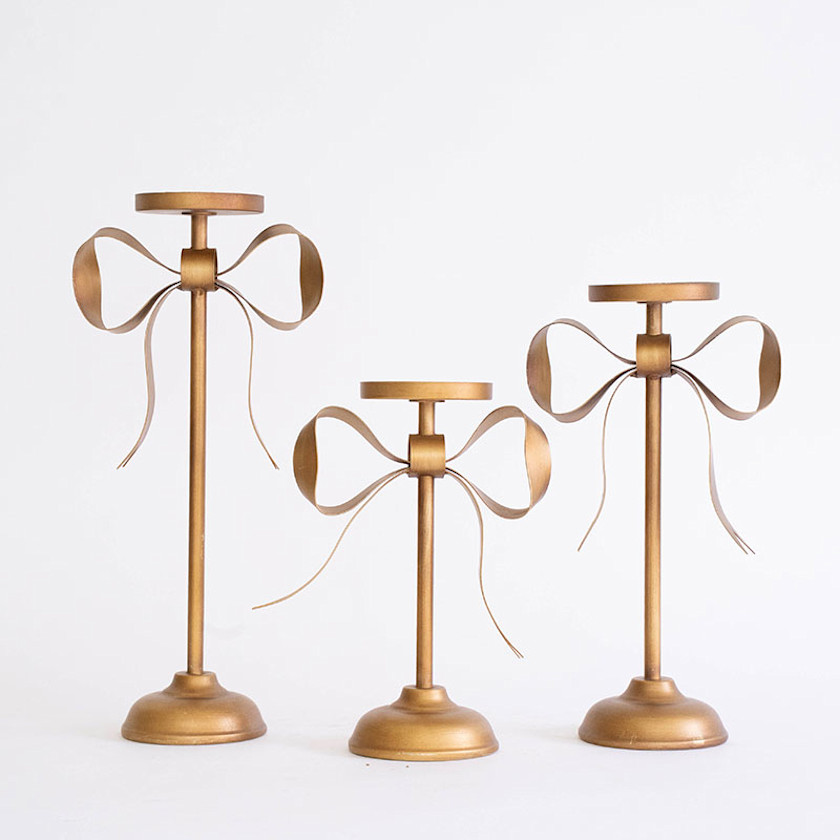 Antique Brass Bow Pillar Candle Holders, Set of 3
