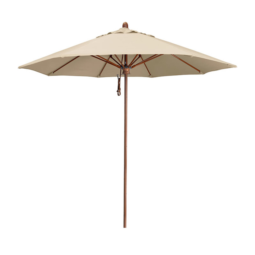 Round Outdoor Patio Umbrella, Wood Finished Fiberglass with Pulley Lift