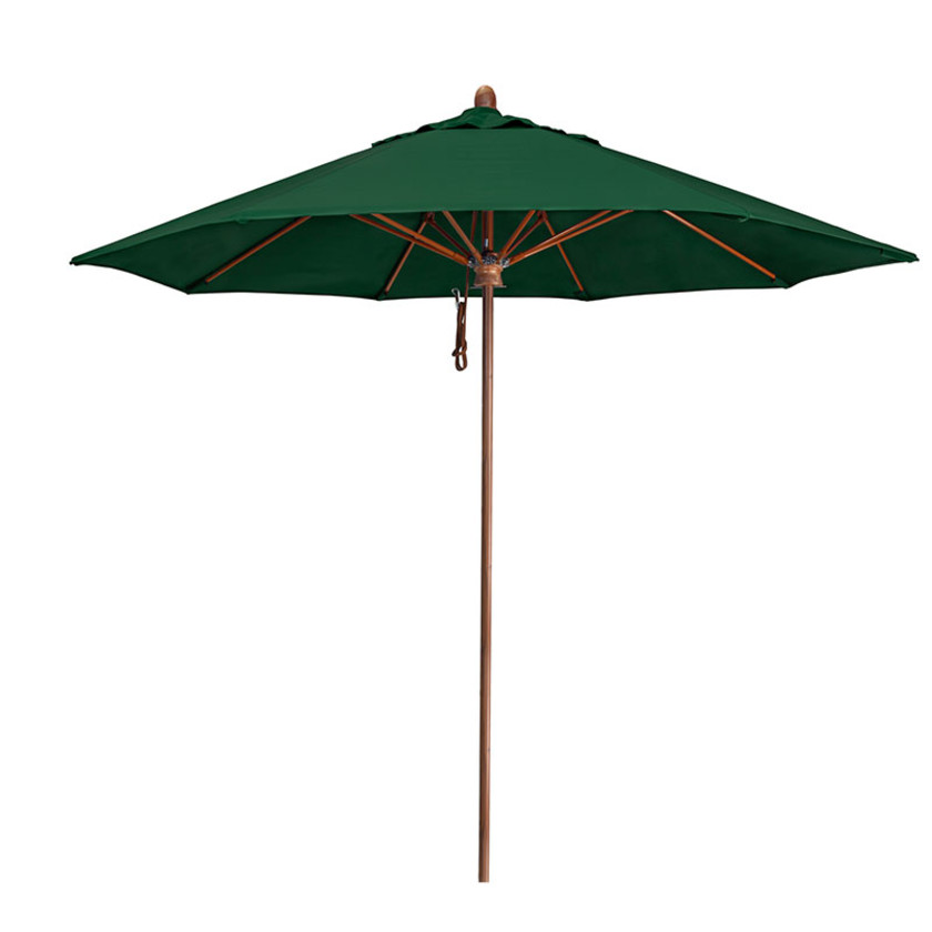 Round Outdoor Patio Umbrella, Wood Finished Fiberglass with Pulley Lift