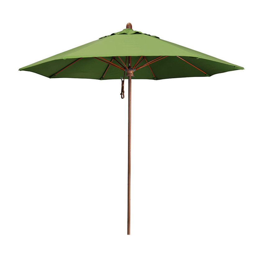 Round Outdoor Patio Umbrella, Wood Finished Fiberglass with Pulley Lift