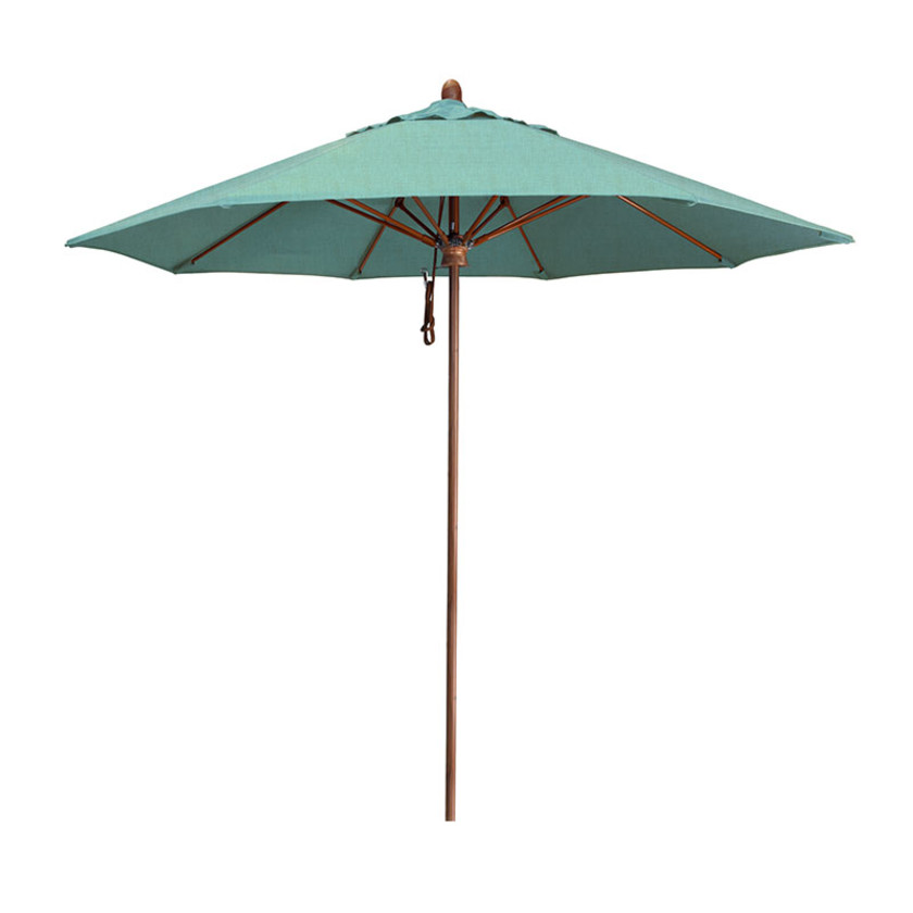 Round Outdoor Patio Umbrella, Wood Finished Fiberglass with Pulley Lift