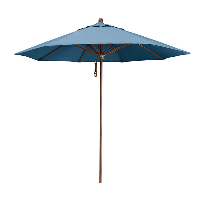 Round Outdoor Patio Umbrella, Wood Finished Fiberglass with Pulley Lift